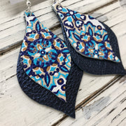 EVE - Leather Earrings  || MOROCCAN TILE & METALLIC NAVY PEBBLED