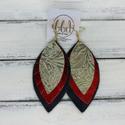 GINGER - Leather Earrings  ||  <BR>  METALLIC WESTERN FLORAL, <BR>METALLIC RED SMOOTH,  <BR> MATTE BLACK