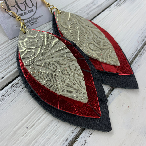 GINGER - Leather Earrings  ||  <BR>  METALLIC WESTERN FLORAL, <BR>METALLIC RED SMOOTH,  <BR> MATTE BLACK