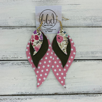 TAMARA - Leather Earrings  ||  <BR> MINI PINK FLORAL, <BR> MATTE OLIVE GREEN, <BR> PINK & WHITE POLKADOTS