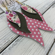 TAMARA - Leather Earrings  ||  <BR> MINI PINK FLORAL, <BR> MATTE OLIVE GREEN, <BR> PINK & WHITE POLKADOTS
