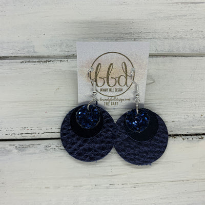 GRAY - Leather Earrings  ||    <BR> NAVY GLITTER (NOT REAL LEATHER), <BR> METALLIC NAVY SMOOTH,  <BR> METALLIC NAVY PEBBLED