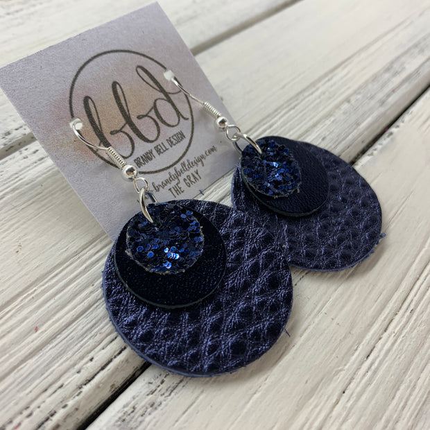 GRAY - Leather Earrings  ||    <BR> NAVY GLITTER (NOT REAL LEATHER), <BR> METALLIC NAVY SMOOTH,  <BR> METALLIC NAVY PEBBLED