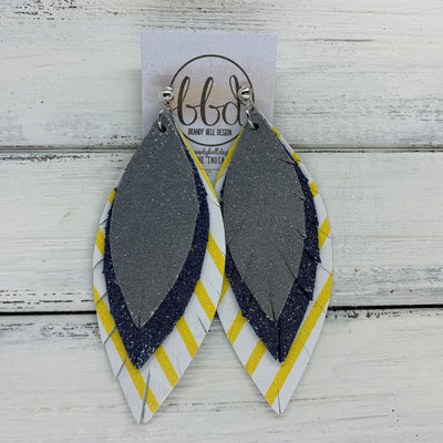 INDIA - Leather Earrings   ||  <BR>  SHIMMER GRAY,  <BR> SHIMMER SPRING NAVY,  <BR> YELLOW AND WHITE STRIPE