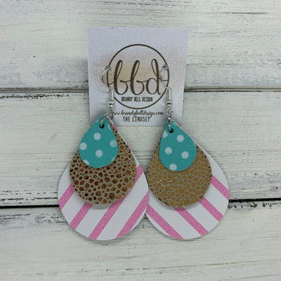 LINDSEY - Leather Earrings  ||   <BR>  AQUA WITH WHITE POLKADOTS, <BR> METALLIC ROSE GOLS DRIPS,  <BR> PINK & WHITE STRIPE