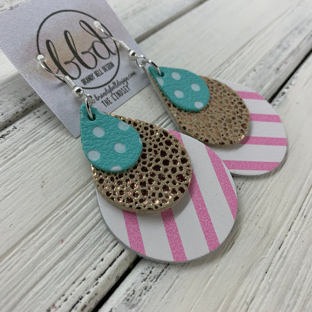 LINDSEY - Leather Earrings  ||   <BR>  AQUA WITH WHITE POLKADOTS, <BR> METALLIC ROSE GOLS DRIPS,  <BR> PINK & WHITE STRIPE