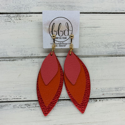 DOROTHY - Leather Earrings  ||  <BR> MATTE CORAL,  <BR> MATTE ORANGE, <BR> METALLIC RED PEBBLED