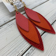 DOROTHY - Leather Earrings  ||  <BR> MATTE CORAL,  <BR> MATTE ORANGE, <BR> METALLIC RED PEBBLED