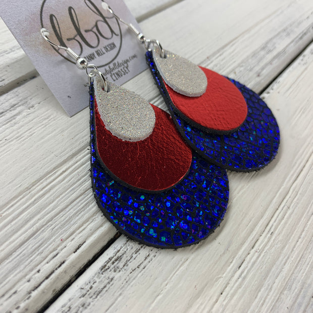 LINDSEY - Leather Earrings  ||   <BR>  SHIMMER ROSE GOLD, <BR> METALLIC RED SMOOTH,  <BR> METALLIC COBALT CRACKLE
