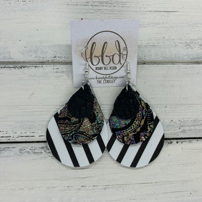 LINDSEY - Leather Earrings  ||   <BR>  BLACK BRAIDED, <BR> IRIDESCENT PAISLEY,  <BR> BLACK & WHITE STRIPE