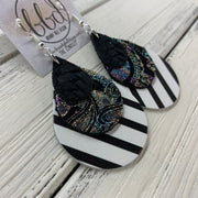 LINDSEY - Leather Earrings  ||   <BR>  BLACK BRAIDED, <BR> IRIDESCENT PAISLEY,  <BR> BLACK & WHITE STRIPE