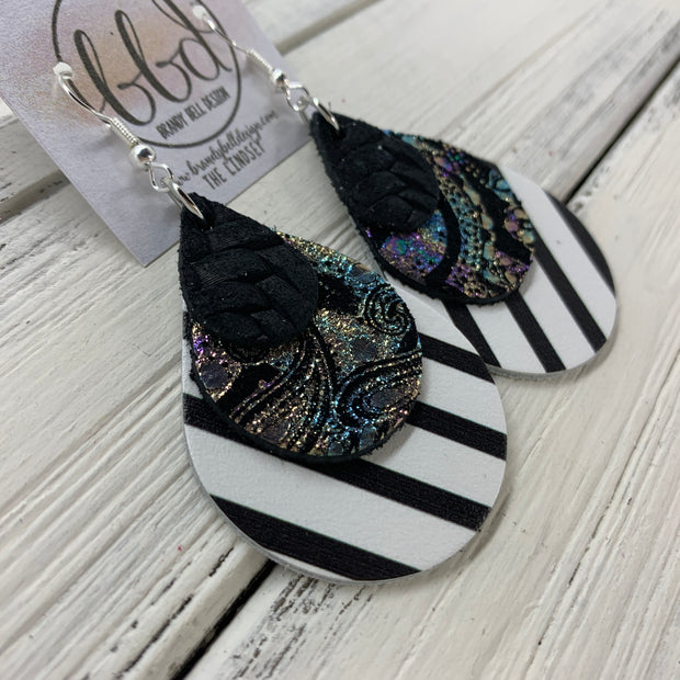 LINDSEY - Leather Earrings  ||   <BR>  BLACK BRAIDED, <BR> IRIDESCENT PAISLEY,  <BR> BLACK & WHITE STRIPE