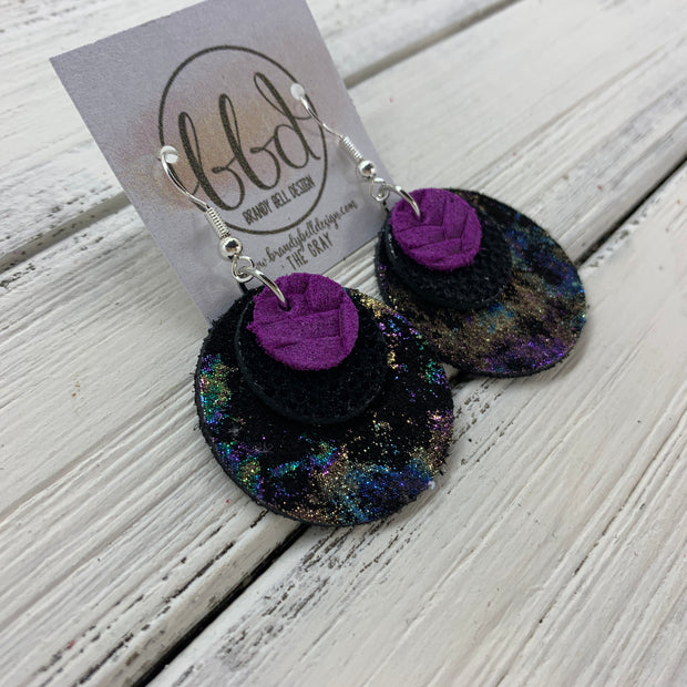 GRAY - Leather Earrings  ||    <BR> PURPLE BRAIDED, <BR> BLACK WITH GLOSS DOTS,  <BR> IRIDESCENT NORTHERN LIGHTS