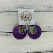 TRIXIE - Leather Earrings  ||    <BR> SILVER TRIANGLE, <BR> PURPLE & GREEN FLORAL,  <BR> METALLIC PURPLE PEBBLED