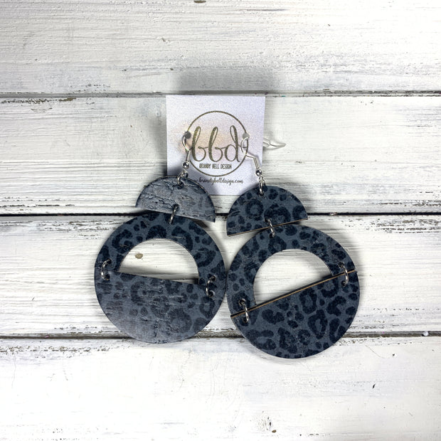OLIVIA -  Leather Earrings  ||   *2 SIZES!* <BR> *CORK* BLACK & GRAY LEOPARD PRINT (choose "U" or "N" shape)