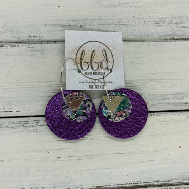 TRIXIE - Leather Earrings  ||    <BR> SILVER TRIANGLE, <BR> PURPLE & GREEN FLORAL,  <BR> METALLIC PURPLE PEBBLED