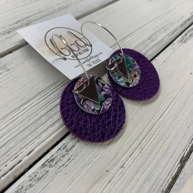 TRIXIE - Leather Earrings  ||    <BR> SILVER TRIANGLE, <BR> PURPLE & GREEN FLORAL,  <BR> METALLIC PURPLE PEBBLED