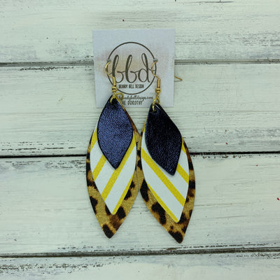 DOROTHY - Leather Earrings  ||  <BR> METALLIC NAVY SMOOTH,  <BR> YELLOW & WHITE STRIPE, <BR> METALLIC CHEETAH PRINT