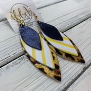 DOROTHY - Leather Earrings  ||  <BR> METALLIC NAVY SMOOTH,  <BR> YELLOW & WHITE STRIPE, <BR> METALLIC CHEETAH PRINT