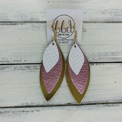 DOROTHY - Leather Earrings  ||  <BR> WHITE COBRA,  <BR> METALLIC LIGHT PINK, <BR> METALLIC GOLD SMOOTH