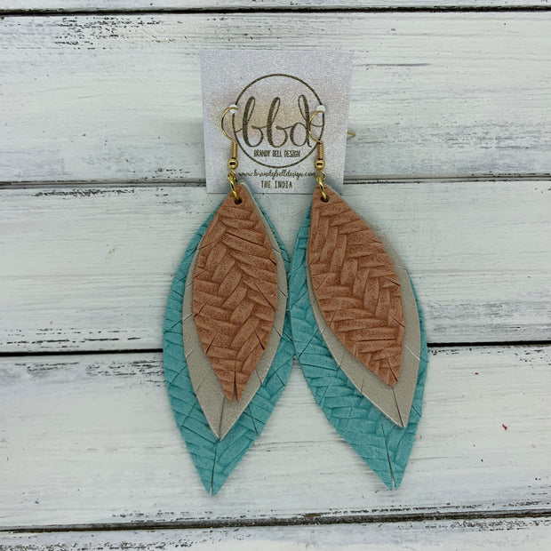 INDIA - Leather Earrings   ||  <BR>  SALMON BRAIDED,  <BR> CHAMPAGNE PEARL,  <BR> AQUA BRAIDED