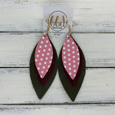 INDIA - Leather Earrings   ||  <BR>  PINK & WHITE POLKADOTS,  <BR> DISTRESSED MERLOT,  <BR> MATTE OLIVE GREEN