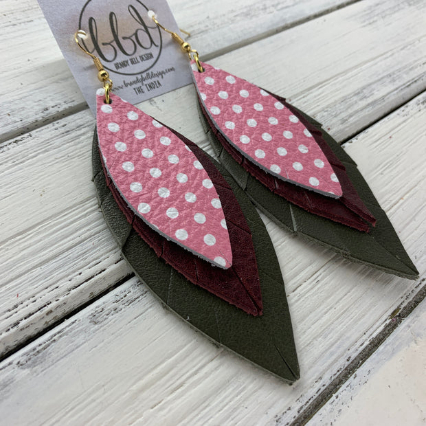 INDIA - Leather Earrings   ||  <BR>  PINK & WHITE POLKADOTS,  <BR> DISTRESSED MERLOT,  <BR> MATTE OLIVE GREEN