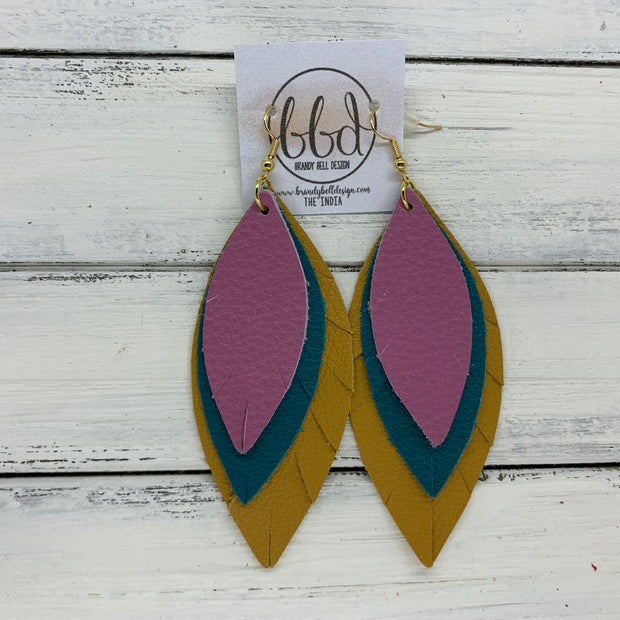 INDIA - Leather Earrings   ||  <BR> MATTE MAUVE,  <BR> MATTE DARK TEAL,  <BR> MATTE MUSTARD YELLOW