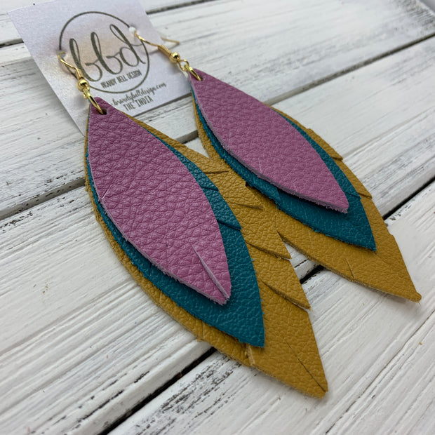 INDIA - Leather Earrings   ||  <BR> MATTE MAUVE,  <BR> MATTE DARK TEAL,  <BR> MATTE MUSTARD YELLOW