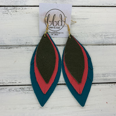 INDIA - Leather Earrings   ||  <BR> MATTE OLIVE GREEN,  <BR> MATTE CORAL,  <BR> MATTE DARK TEAL