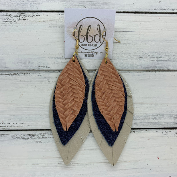 INDIA - Leather Earrings   ||  <BR> SALMON BRAIDED,  <BR> METALLIC NAVY PEBBLED,  <BR> CHAMPAGNE PEARL