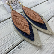 INDIA - Leather Earrings   ||  <BR> SALMON BRAIDED,  <BR> METALLIC NAVY PEBBLED,  <BR> CHAMPAGNE PEARL