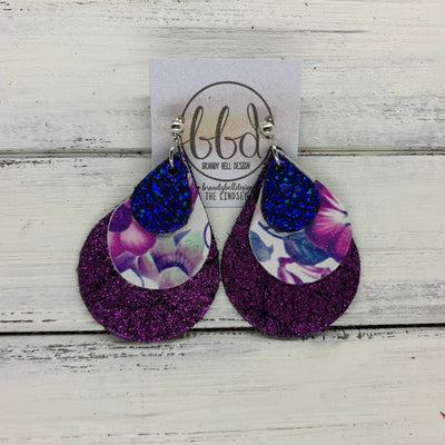 LINDSEY - Leather Earrings  ||   <BR>  METALLIC COBALT CRACKLE, <BR> BLUE & PURPLE FLORAL,  <BR> SHIMMER FUCHSIA