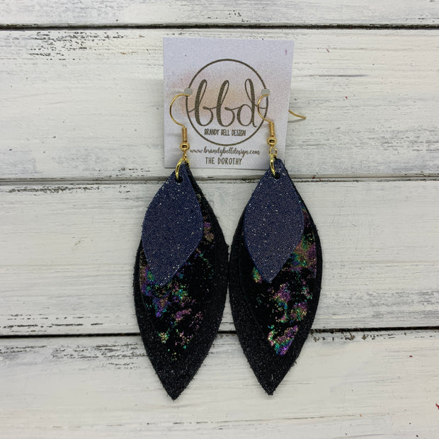 DOROTHY - Leather Earrings  ||  <BR> SHIMMER NAVY,  <BR> IRIDESCENT NORTHERN LIGHTS, <BR> SHIMMER BLACK
