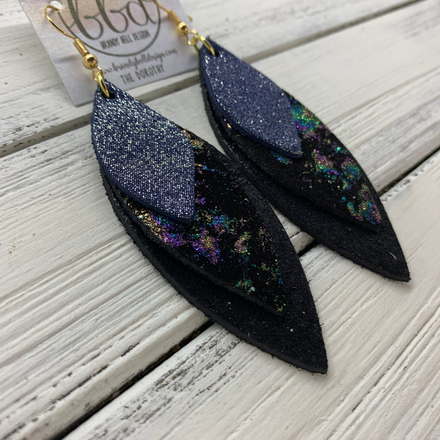 DOROTHY - Leather Earrings  ||  <BR> SHIMMER NAVY,  <BR> IRIDESCENT NORTHERN LIGHTS, <BR> SHIMMER BLACK