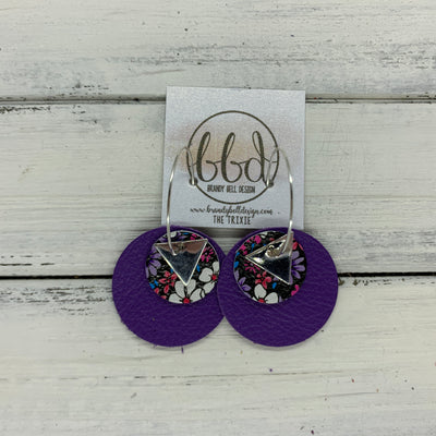 TRIXIE - Leather Earrings  ||    <BR> SILVER TRIANGLE, <BR> RED & PURPLE MINI FLORAL,  <BR> MATTE PURPLE