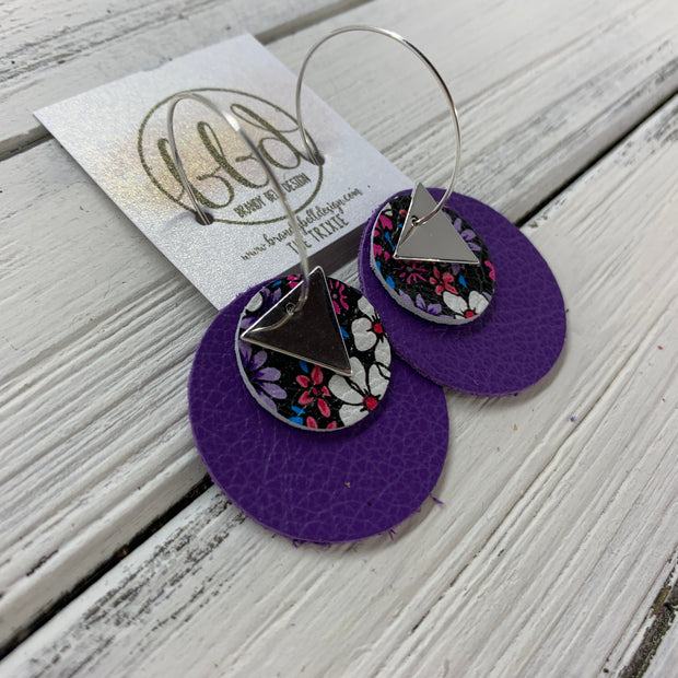 TRIXIE - Leather Earrings  ||    <BR> SILVER TRIANGLE, <BR> RED & PURPLE MINI FLORAL,  <BR> MATTE PURPLE