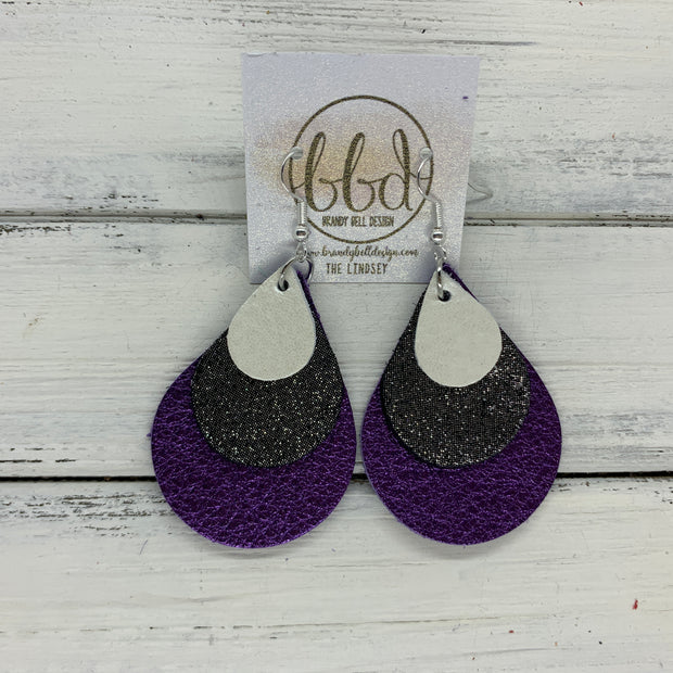 LINDSEY - Leather Earrings  ||   <BR>  PEARL WHITE, <BR> SHIMMER PEWTER,  <BR> METALLIC PURPLE PEBBLED