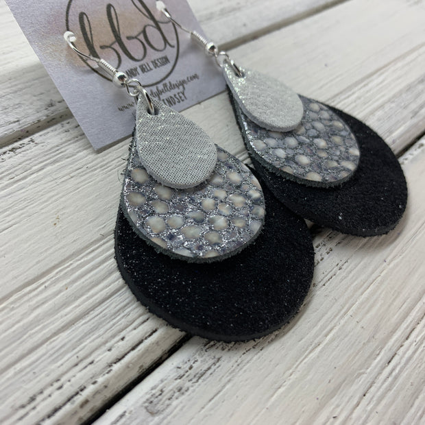 LINDSEY - Leather Earrings  ||   <BR>  SHIMMER SILVER, <BR> GRAY STINGRAY,  <BR> SHIMMER BLACK