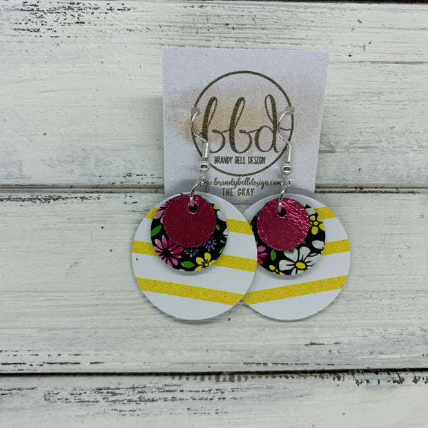 GRAY - Leather Earrings  ||    <BR> METALLIC PINK, <BR> PINK & YELLOW MINI FLORAL,  <BR> WHITE AND YELLOW STRIPES