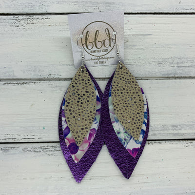 INDIA - Leather Earrings   ||  <BR>  IVORY STINGRAY,  <BR> PURPLE & BLUE FLORAL,  <BR> METALLIC PURPLE PEBBLED