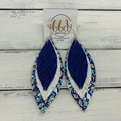 INDIA - Leather Earrings   ||  <BR>  COBALT BLUE PALM LEAVES,  <BR> IRIDESCENT WHITE GLITTER (FAUX LEATHER),  <BR> MOROCCAN TILE