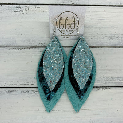 INDIA - Leather Earrings   ||  <BR>  FROSTED BLUE GLITTER (FAUX LEATHER),  <BR> METALLIC TEAL NORTHERN LIGHTS,  <BR> AQUA BRAIDED