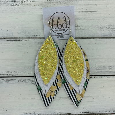 INDIA - Leather Earrings   ||  <BR>  DAFFODIL GLITTER (FAUX LEATHER),  <BR> WHITE COBRA,  <BR> BLACK & WHITE STRIPE ON FLORAL