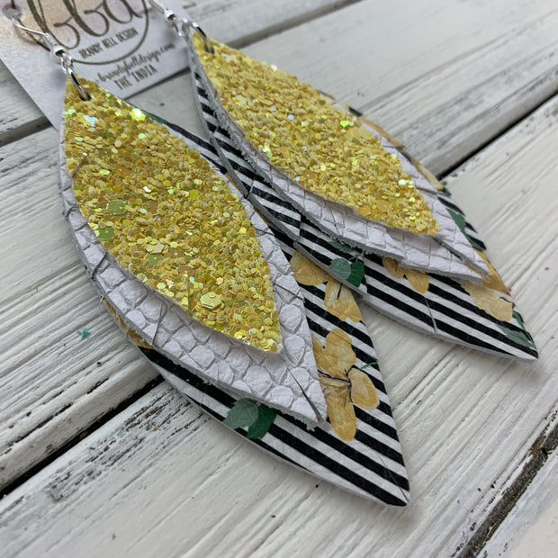 INDIA - Leather Earrings   ||  <BR>  DAFFODIL GLITTER (FAUX LEATHER),  <BR> WHITE COBRA,  <BR> BLACK & WHITE STRIPE ON FLORAL
