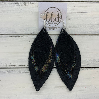 INDIA - Leather Earrings   ||  <BR>  BLACK GLOSS DOTS,  <BR>IRIDESCENT NORTHERN LIGHTS,  <BR> BLACK BRAIDED