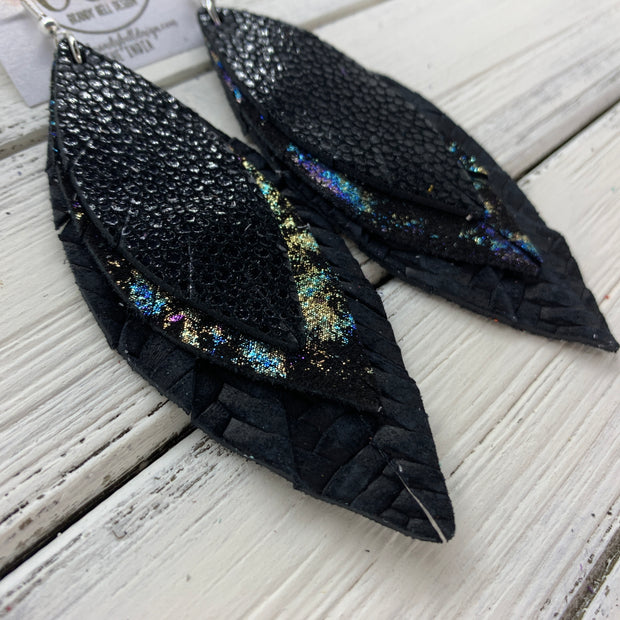 INDIA - Leather Earrings   ||  <BR>  BLACK GLOSS DOTS,  <BR>IRIDESCENT NORTHERN LIGHTS,  <BR> BLACK BRAIDED