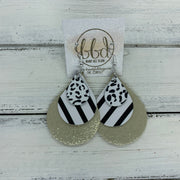 LINDSEY - Leather Earrings  ||   <BR> BLACK & WHITE CHEETAH, <BR> BLACK & WHITE STRIPE,  <BR> SHIMMER GOLD