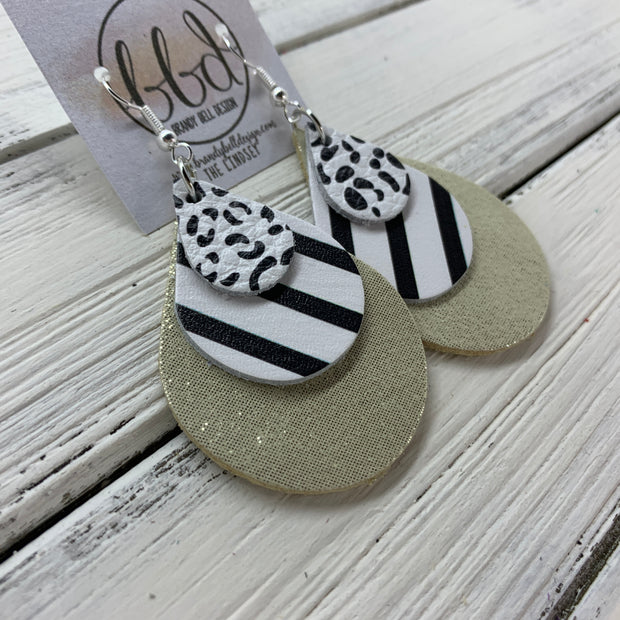 LINDSEY - Leather Earrings  ||   <BR> BLACK & WHITE CHEETAH, <BR> BLACK & WHITE STRIPE,  <BR> SHIMMER GOLD