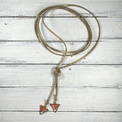 OOAK (One-of-a-Kind) Suede Lariat Necklace || <br> Shimmer Gold Suede & Gold/Coral Triangles